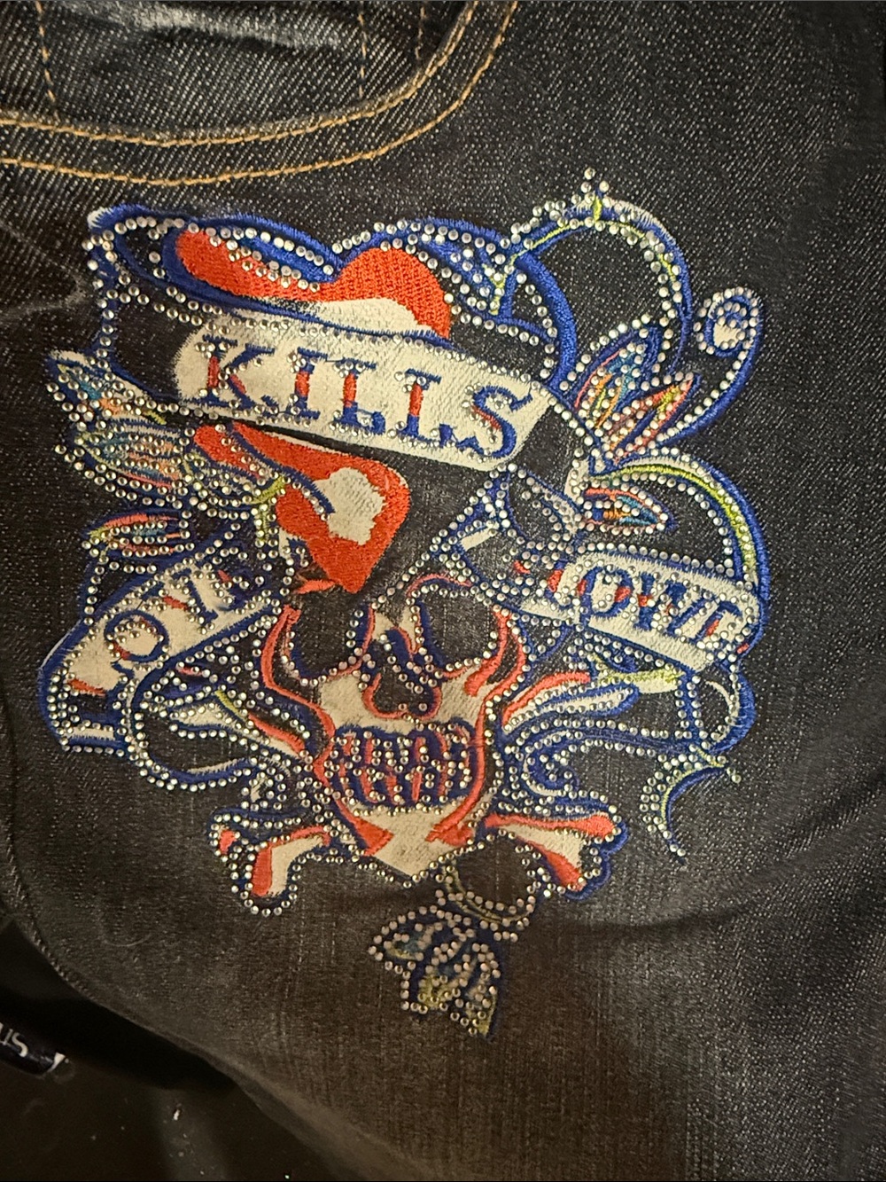 Brand new Ed Hardy Shadow Black Denim Jeans with Blue and Red Embellishments